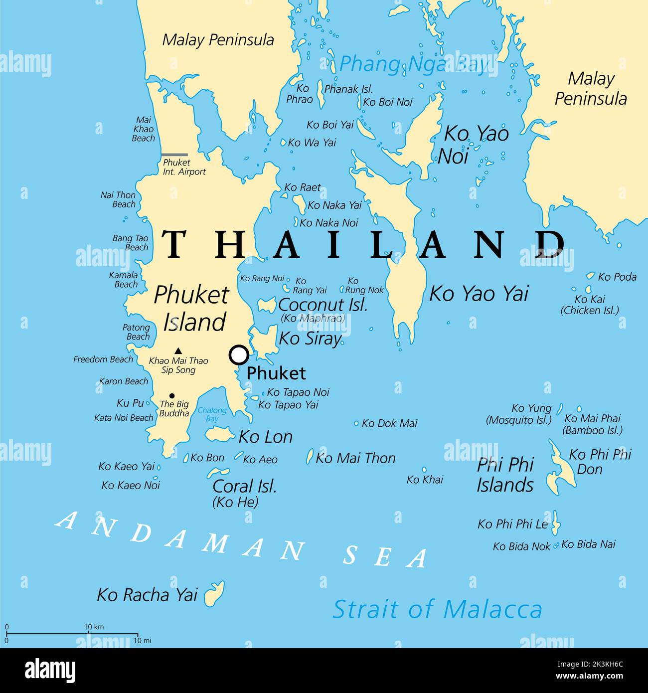 Phuket, largest Island of Thailand, political map with surrounding area. Popular tourist region with plenty of islands, south of Malay Peninsula. Stock Photo