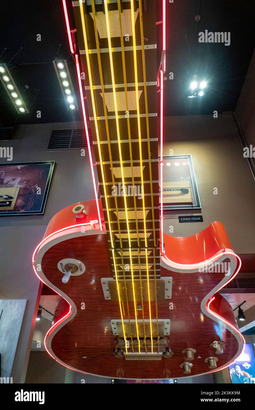 Giant Ceiling Guitar Decorates the Entrance to th Hard Rock Cafe, NYC, USA  2022 Stock Photo