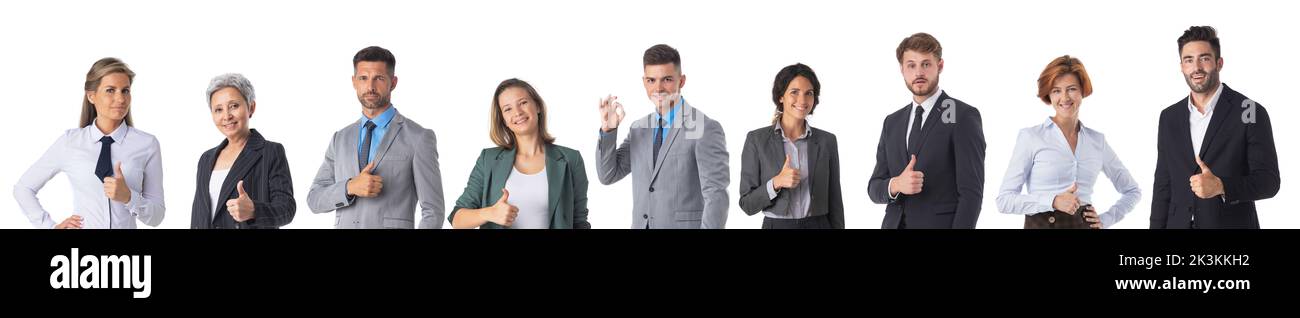 Set of various business people portraits with thumbs up and ok sign isolated on white background Stock Photo