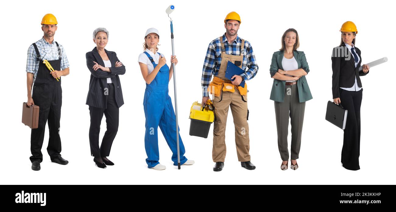 Collection of portraits of construction workers and managers, studio isolated on white background Stock Photo