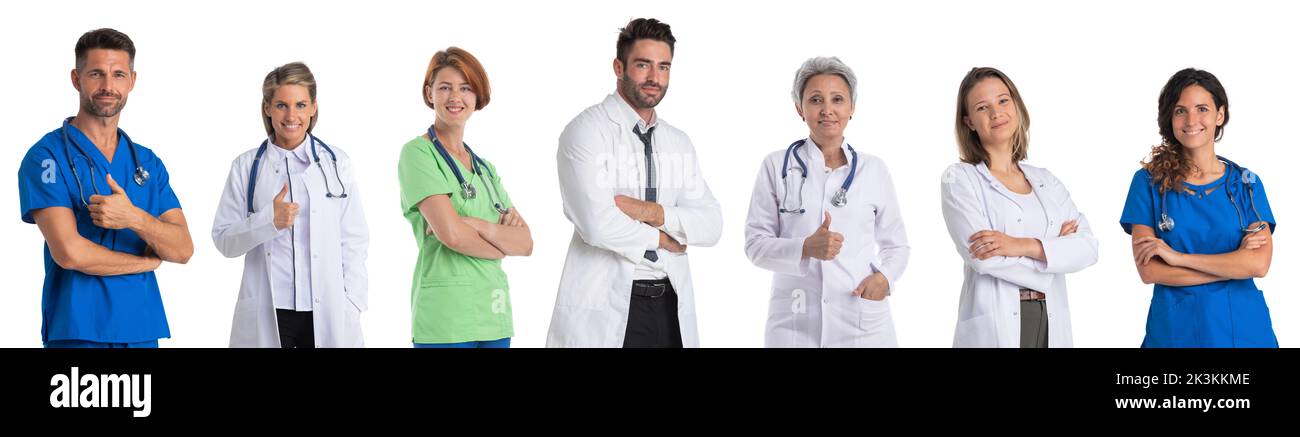 Collection of portraits of medical doctors and nurses. Design element, studio isolated on white background Stock Photo