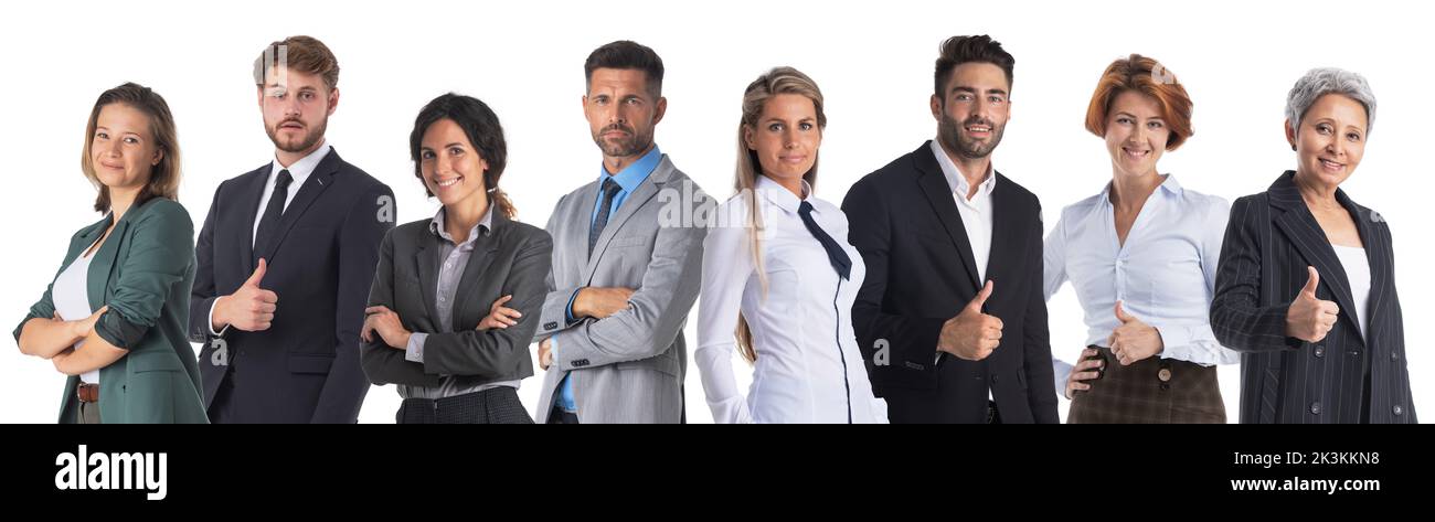Team of business people with thumbs up sign standing together isolated on white background Stock Photo