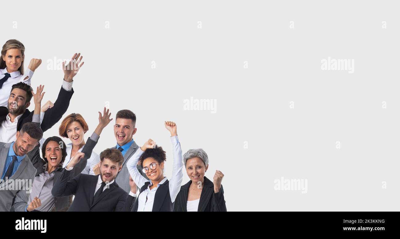 Happy business people with arms raised over gray background with copy space for text, corner design element Stock Photo