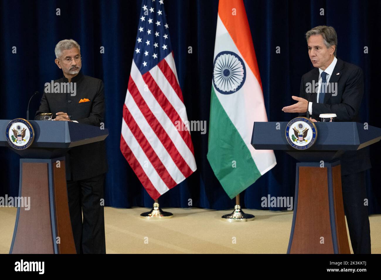 U.S. Secretary of State Antony Blinken and India's Foreign Minister Subrahmanyam Jaishankar hold a news conference at the State Department in Washington, U.S., September 27, 2022. Saul Loeb/Pool via REUTERS Stock Photo