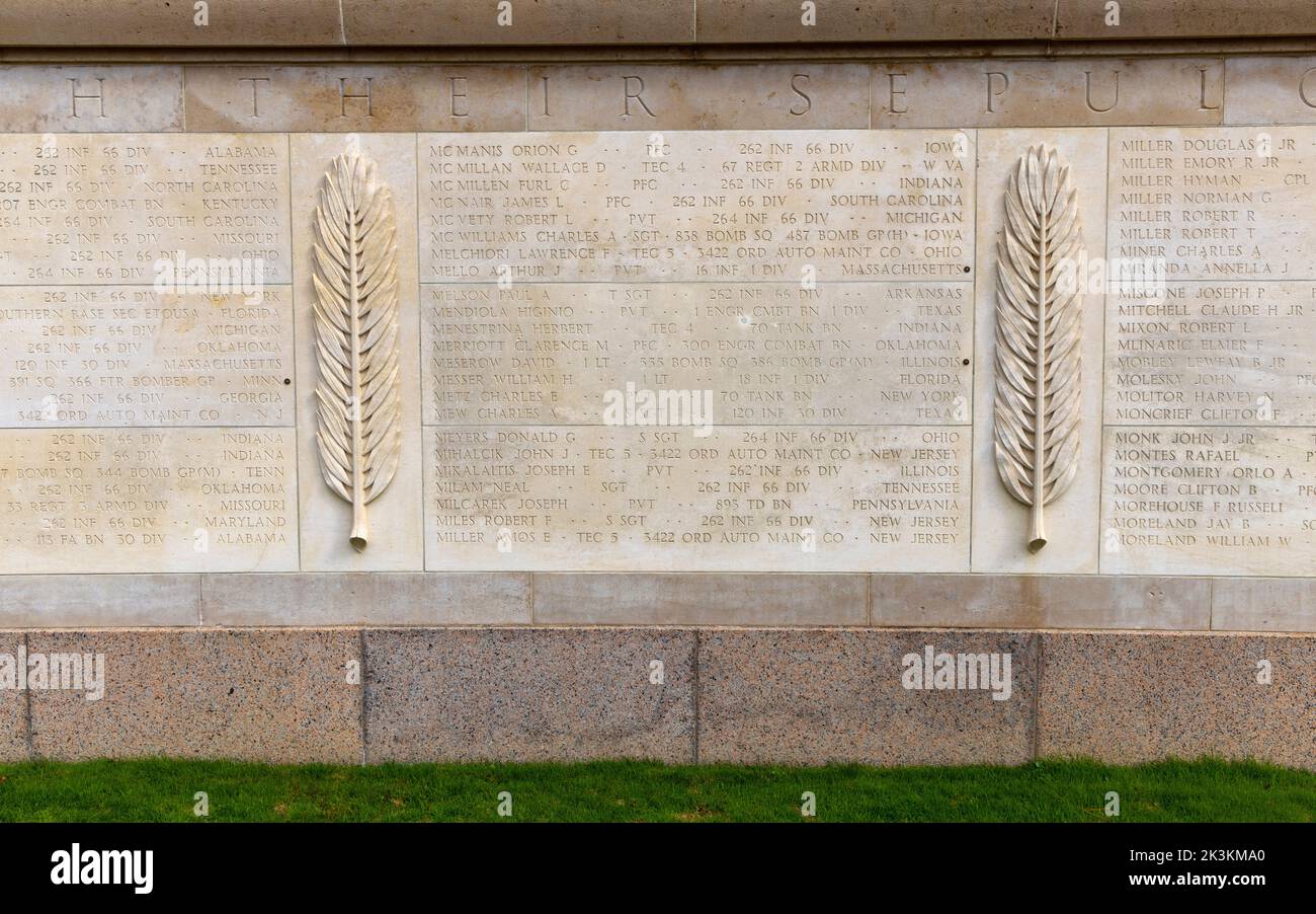 Part of the wall with engraved names in the Garden of the Missing at the American Military Cemetery, Colville-sur-Mer, Normandy, France. Stock Photo
