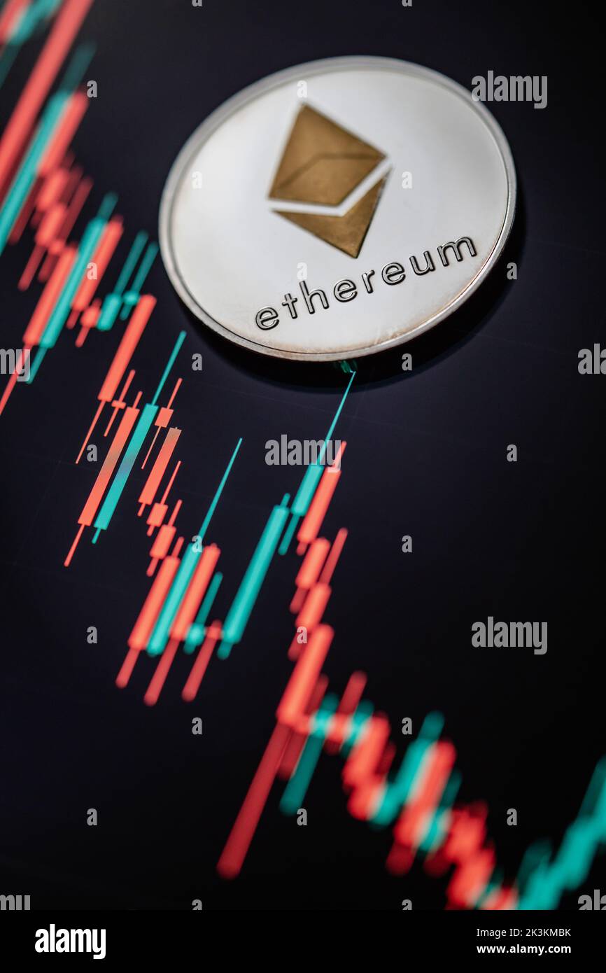 Silver Ethereum cryptocurrency with candle stick graph chart and