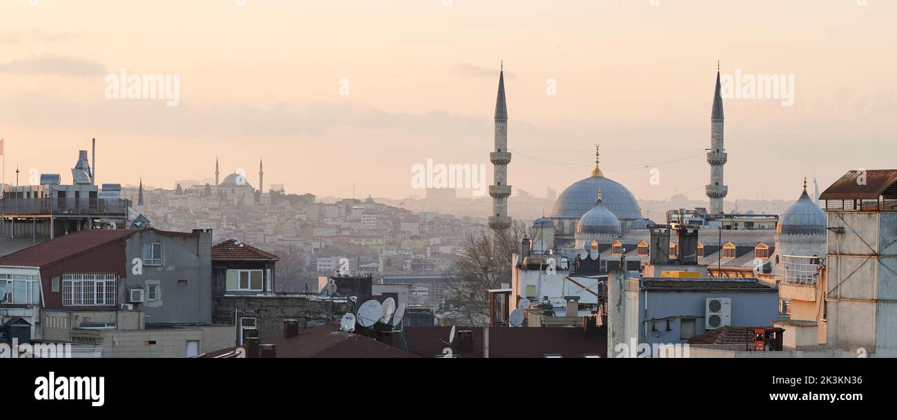 Turkish rooftop background on orange color sunset Stock Photo