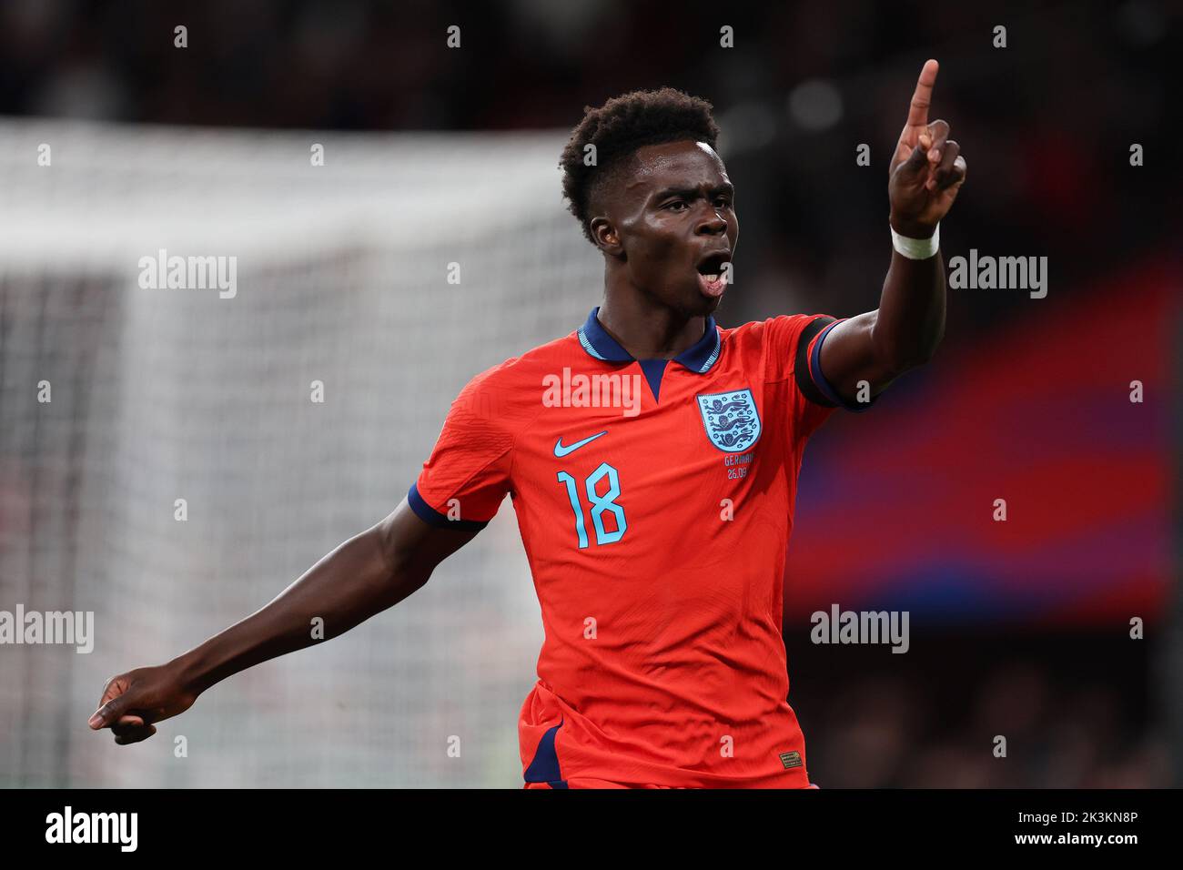 London, UK. 26th Sep, 2022. Bukayo Saka of England looks on. England v Germany, UEFA Nations league International group C match at Wembley Stadium in London on Monday 26th September 2022. Editorial use only. pic by Andrew Orchard/Andrew Orchard sports photography/Alamy Live News Credit: Andrew Orchard sports photography/Alamy Live News Stock Photo