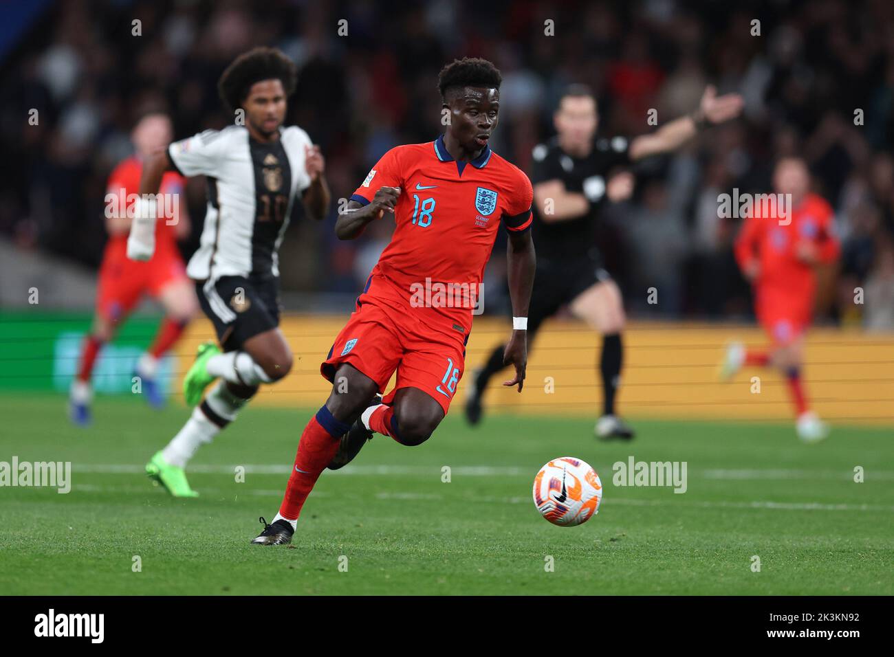 London, UK. 26th Sep, 2022. Bukayo Saka of England in action. England v Germany, UEFA Nations league International group C match at Wembley Stadium in London on Monday 26th September 2022. Editorial use only. pic by Andrew Orchard/Andrew Orchard sports photography/Alamy Live News Credit: Andrew Orchard sports photography/Alamy Live News Stock Photo