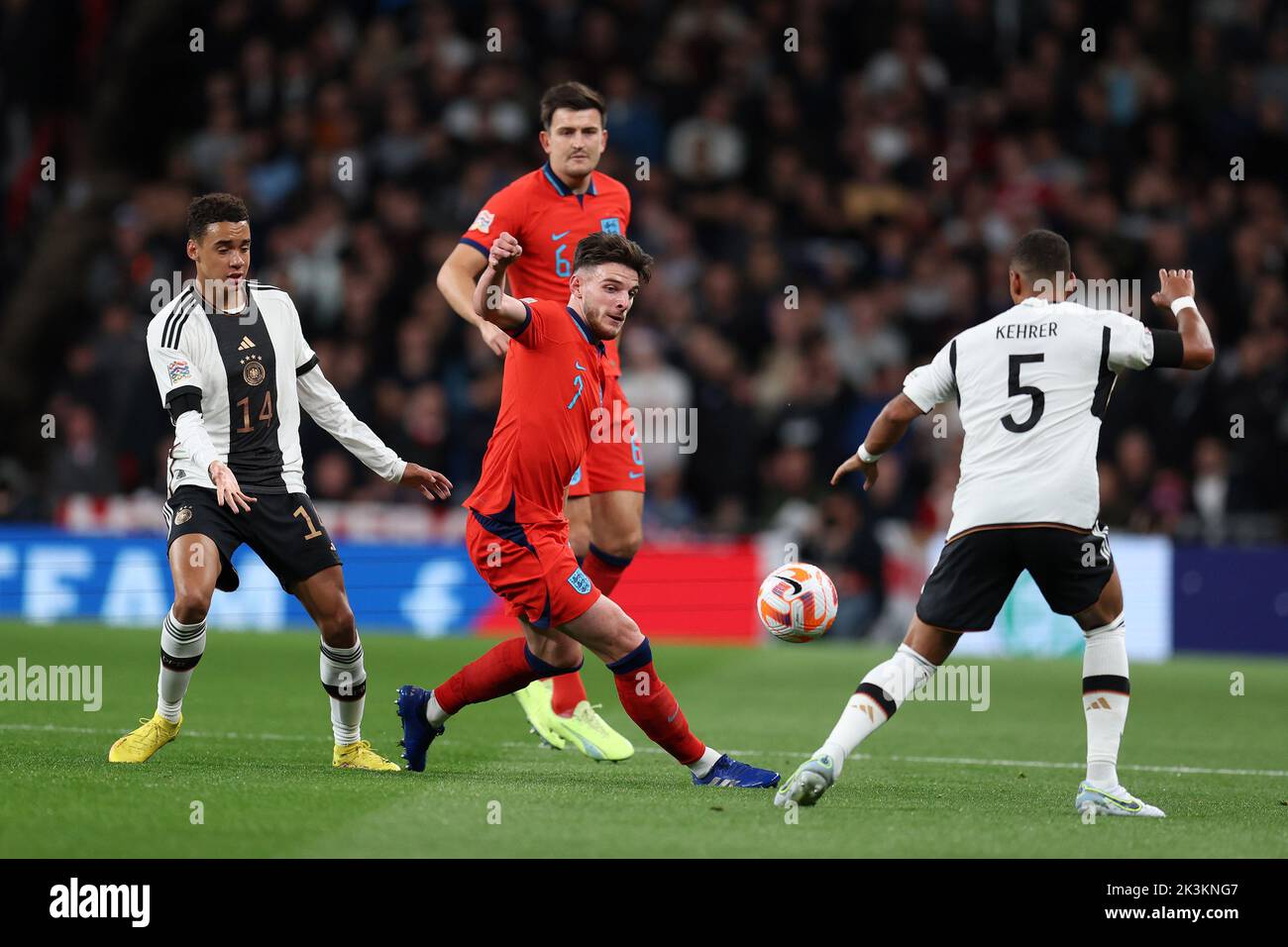London, UK. 26th Sep, 2022. Declan Rice of England in action. England v Germany, UEFA Nations league International group C match at Wembley Stadium in London on Monday 26th September 2022. Editorial use only. pic by Andrew Orchard/Andrew Orchard sports photography/Alamy Live News Credit: Andrew Orchard sports photography/Alamy Live News Stock Photo