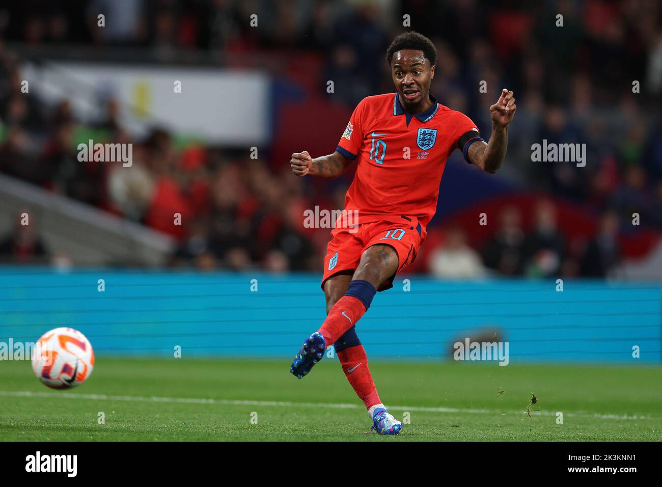 London, UK. 26th Sep, 2022. Raheem Sterling of England in action. England v Germany, UEFA Nations league International group C match at Wembley Stadium in London on Monday 26th September 2022. Editorial use only. pic by Andrew Orchard/Andrew Orchard sports photography/Alamy Live News Credit: Andrew Orchard sports photography/Alamy Live News Stock Photo