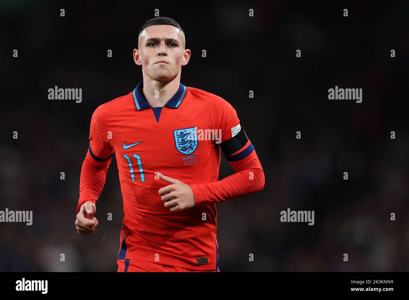 London, UK. 26th Sep, 2022. Phil Foden of England looks on. England v Germany, UEFA Nations league International group C match at Wembley Stadium in London on Monday 26th September 2022. Editorial use only. pic by Andrew Orchard/Andrew Orchard sports photography/Alamy Live News Credit: Andrew Orchard sports photography/Alamy Live News Stock Photo