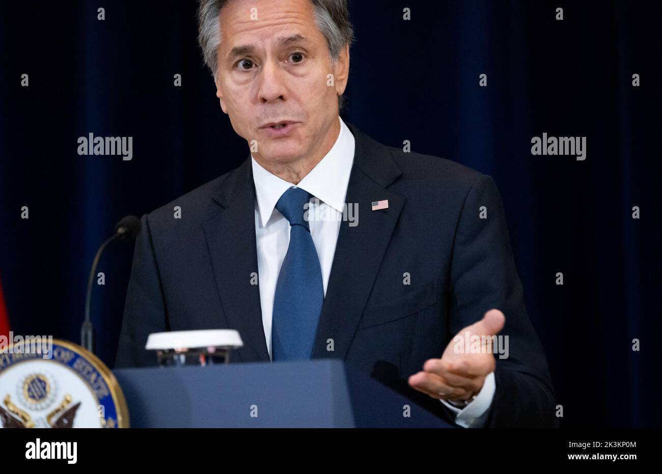 U.S. Secretary of State Antony Blinken speaks during a press conference with India's Foreign Minister Subrahmanyam Jaishankar at the State Department in Washington, U.S., September 27, 2022. Saul Loeb/Pool via REUTERS Stock Photo