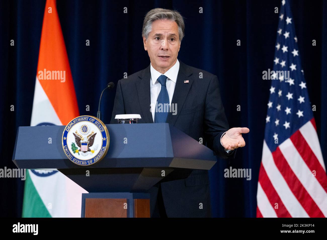 U.S. Secretary of State Antony Blinken speaks during a press conference with India's Foreign Minister Subrahmanyam Jaishankar at the State Department in Washington, U.S., September 27, 2022. Saul Loeb/Pool via REUTERS Stock Photo