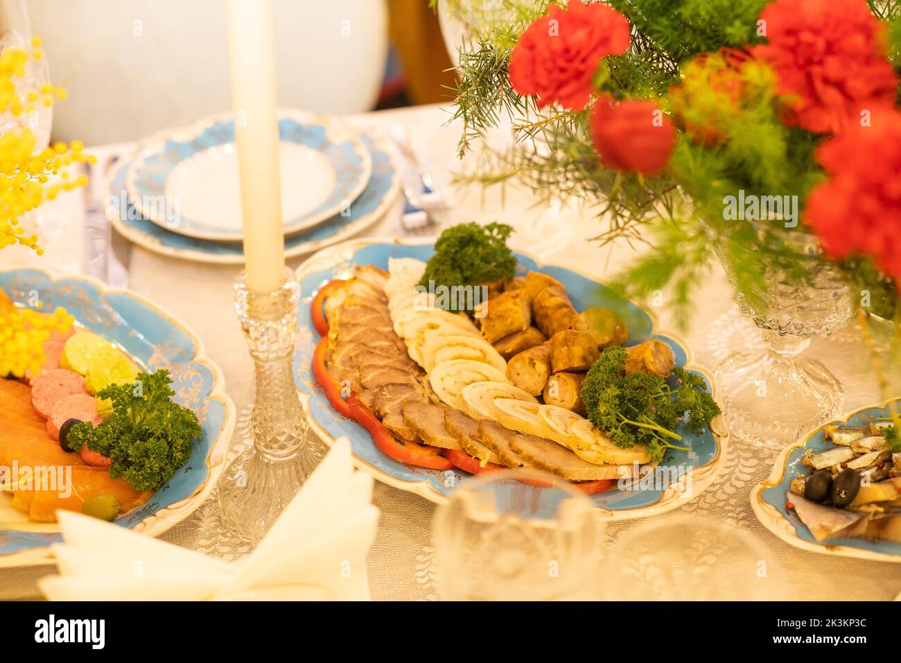 Catering service. Snacks for guests on the table. Stock Photo