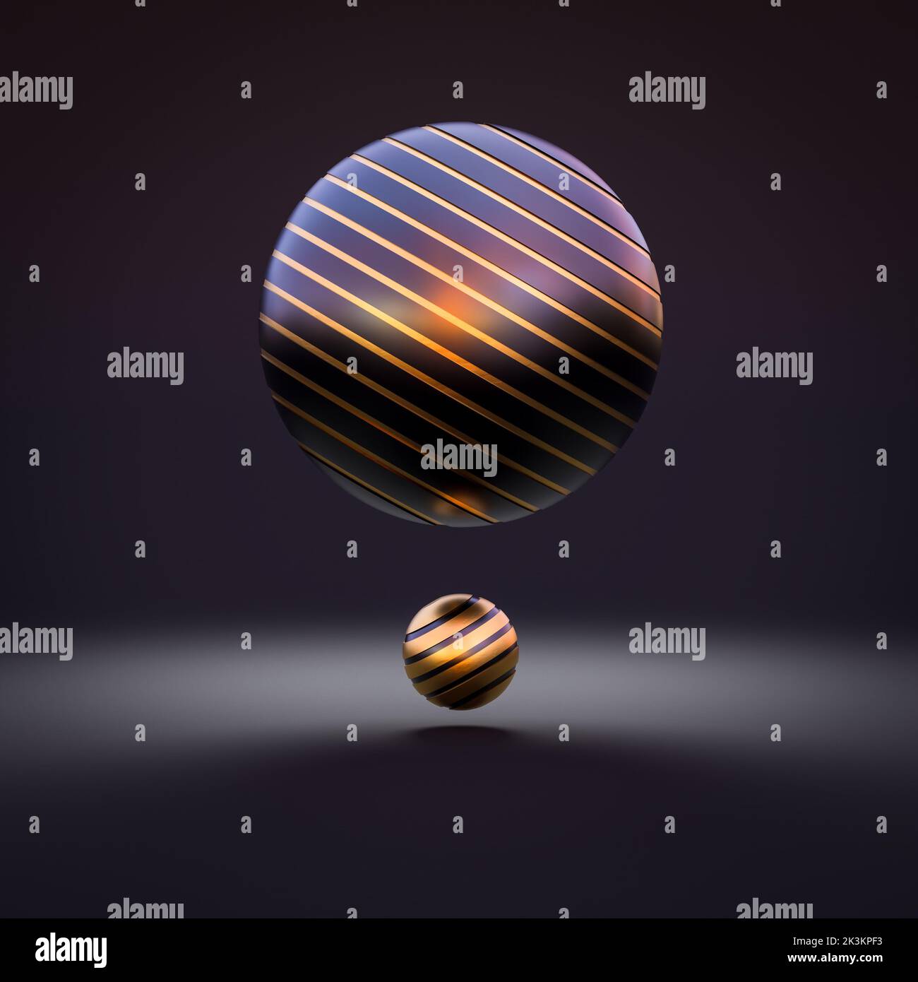 dark background with gold and black spheres with grooves. 3d render ...