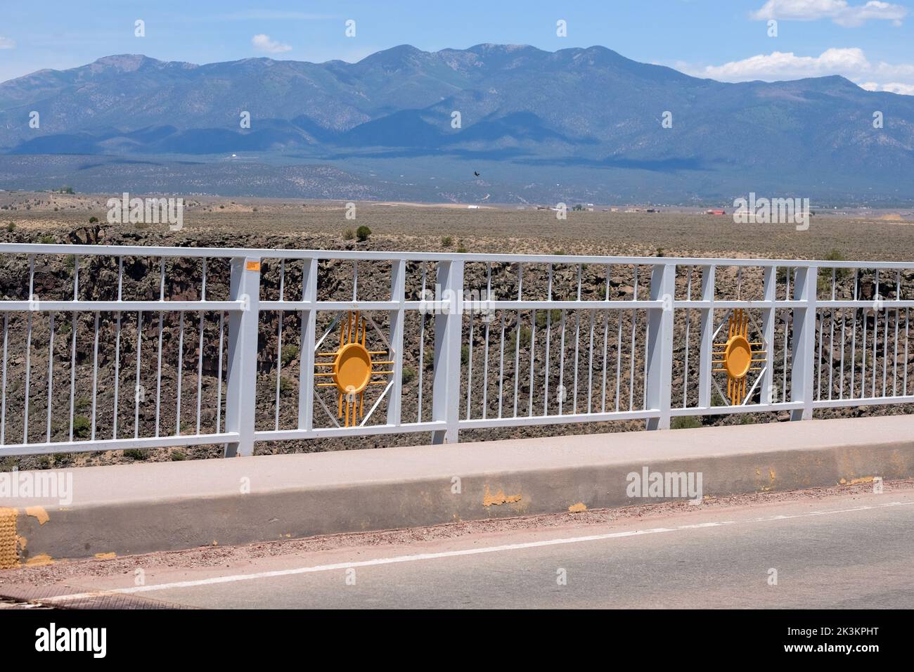 A bridge and scenic mountains in the background, New Mexico, USA Stock Photo