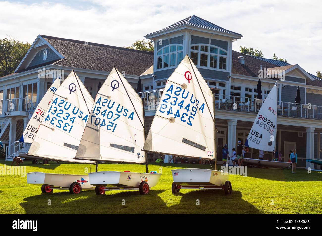 Lake Geneva Yacht Club clubhouse and small sailboats, near Fontana, Wisconsin, America, Stock Photo