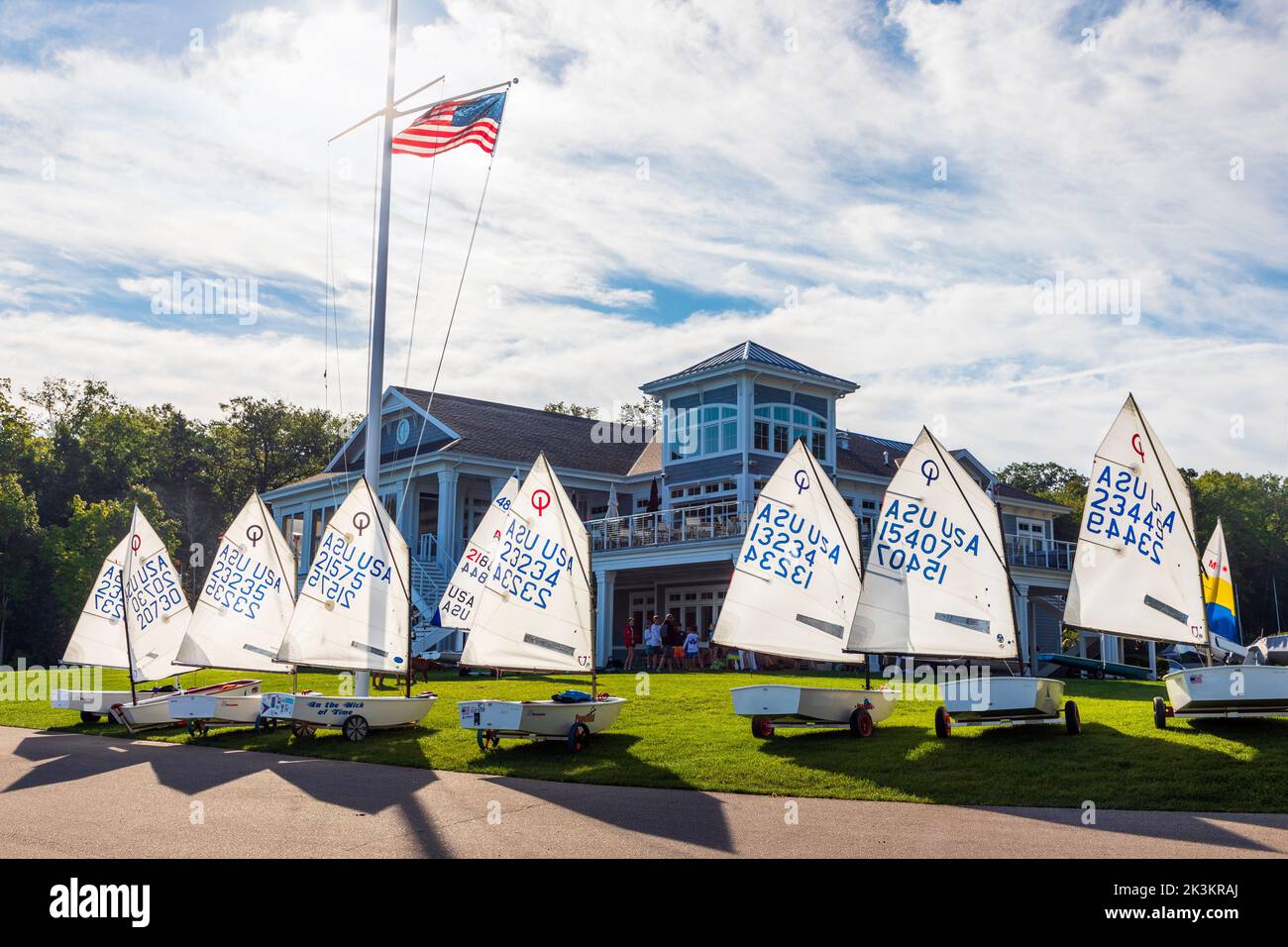 Lake Geneva Yacht Club clubhouse and small sailboats, near Fontana, Wisconsin, America, Stock Photo