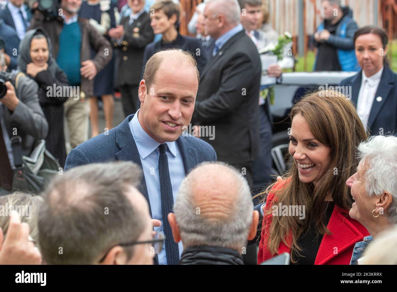 Swansea, UK. 27th Sep, 2022. Prince William and Catherine Princess of Wales chatting with local people during their visit to Swansea this afternoon. The royal pair visited St Thomas church in Swansea which supports people in the local area and across Swansea. The church is home to a foodbank that supports over 200 people per week and Swansea Baby Basics, which distribute essential items for vulnerable mothers, such as toiletries and clothes. Credit: Phil Rees/Alamy Live News Stock Photo