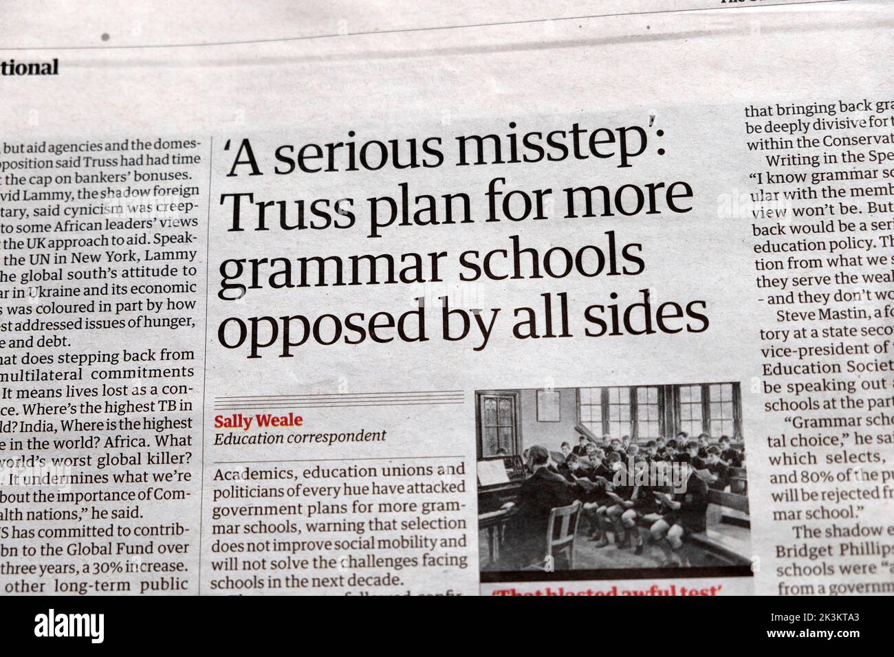 'A serious misstep': Truss plan for more grammar schools opposed by all sides' Guardian newspaper headline education article 23 September 2022  UK Stock Photo