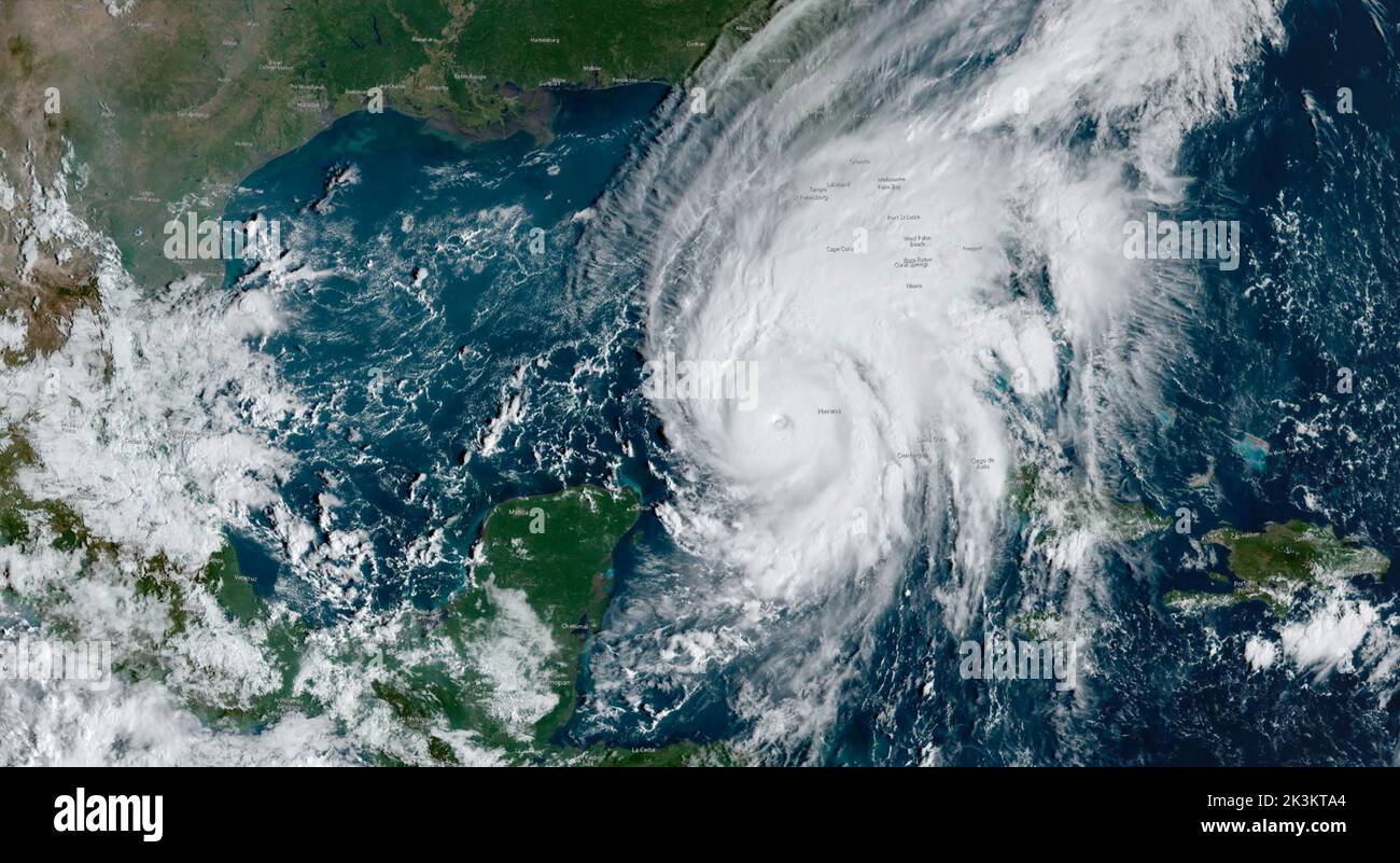 Hurricane Ian on Monday morning, September 27, 2022, as it passes over the northwest coast of Cuba on its way into the Gulf of Mexico and toward the Florida coastline. (USA) Stock Photo