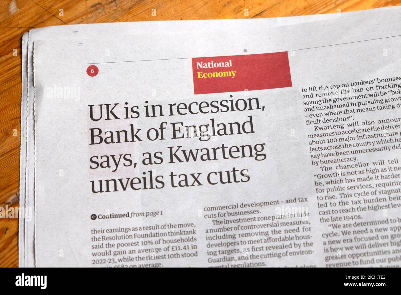 'UK is in recession, Bank of England says, as Kwarteng unveils tax cuts' Guardian newspaper headline British economy article 23 September 2022  London Stock Photo