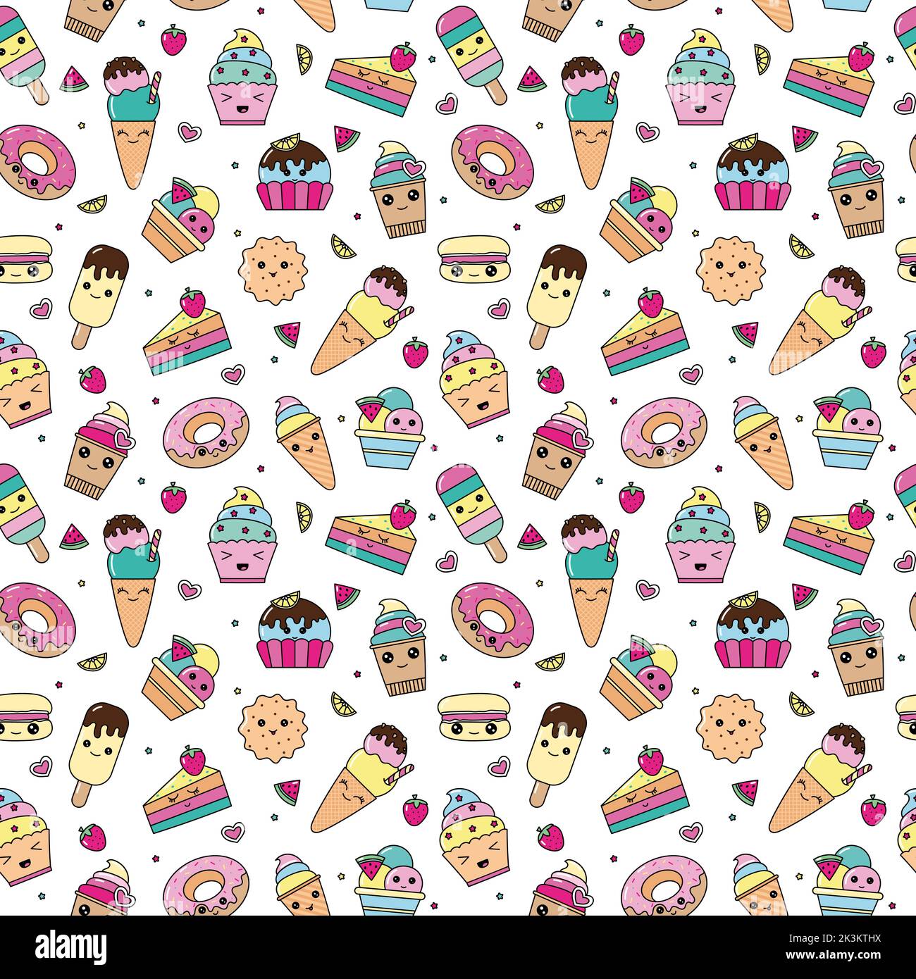 vector pattern of kawaii dessert, sweet and dessert doodle. Pattern wiht cute cake, sweet donat, cartoon cookies and macaron. Stock Vector