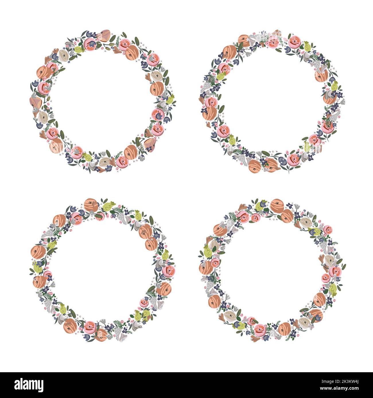 Vector floral wreath set. Abstract roses arrange in round border Stock ...