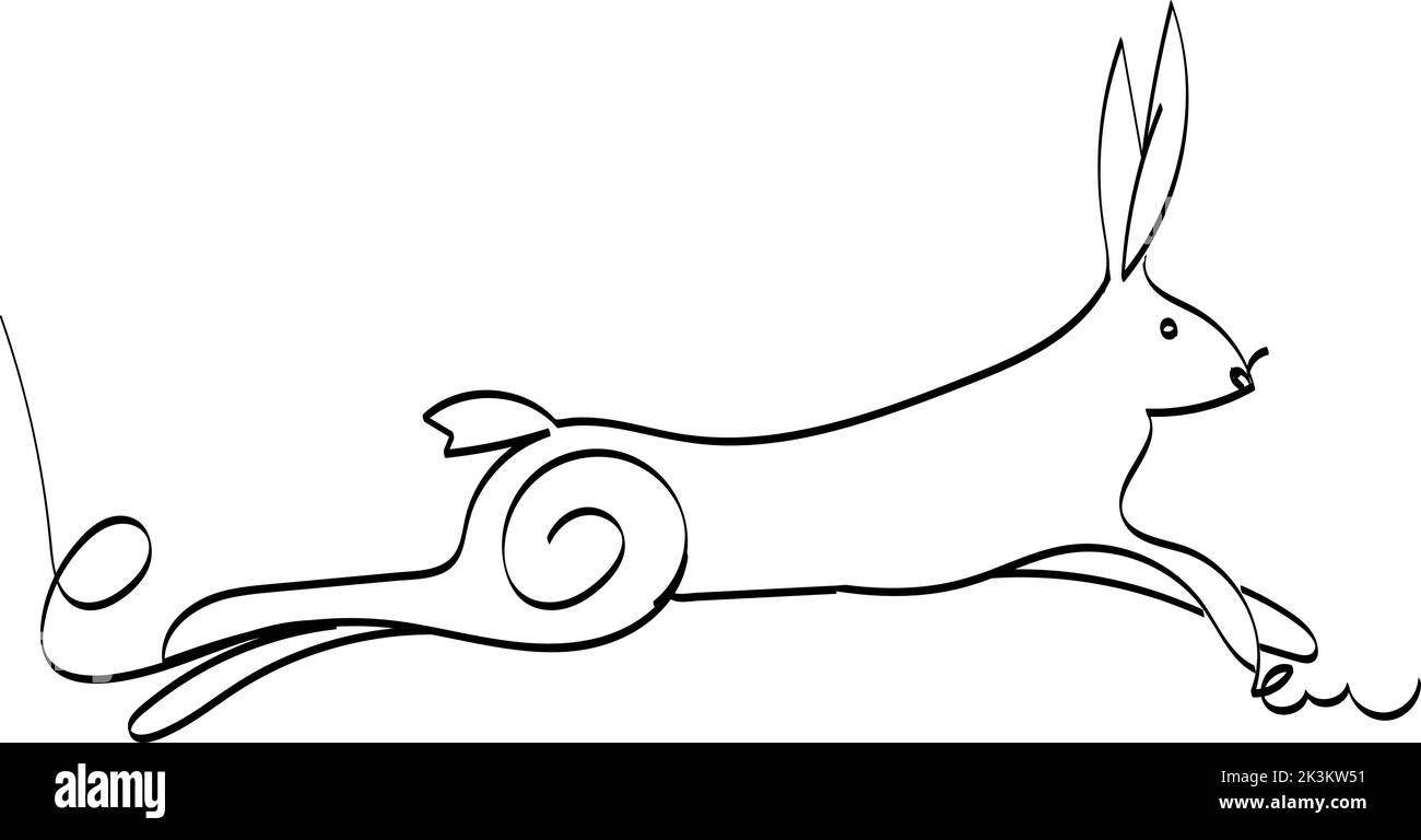 Isolated element on white background. Stylized hare. Vector. Single line drawing. Black and white image. Jumping, running rabbit. Suitable for posters Stock Vector
