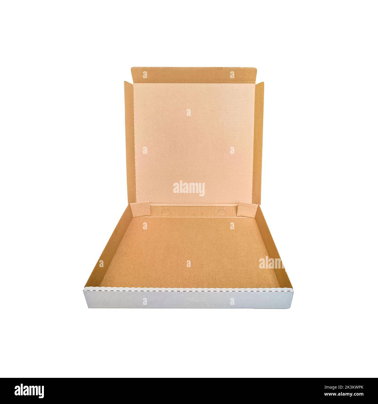Empty open cardboard box for pizza isolated on white background. Stock Photo