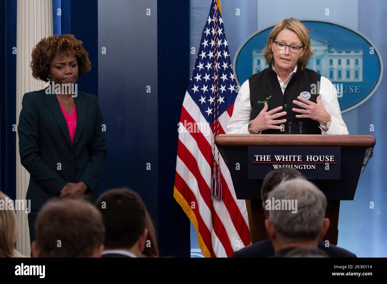 White House Press Secretary Karine Jean-Pierre (L) and Federal Emergency Management Agency (FEMA) Administrator Deanne Criswell (R) participate in a news conference in the James Brady Press Briefing Room of the White House in Washington, DC, USA, 27 September 2022. FEMA Administrator Deanne Criswell discussed preparations for Hurricane Ian, which is currently a category 3 storm. Stock Photo