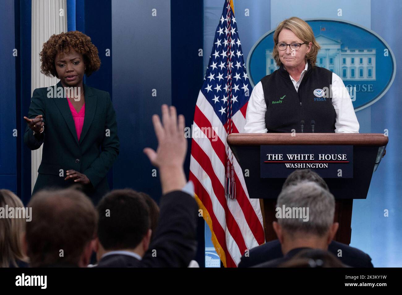 White House Press Secretary Karine Jean-Pierre (L) and Federal Emergency Management Agency (FEMA) Administrator Deanne Criswell (R) participate in a news conference in the James Brady Press Briefing Room of the White House in Washington, DC, USA, 27 September 2022. FEMA Administrator Deanne Criswell discussed preparations for Hurricane Ian, which is currently a category 3 storm. Stock Photo
