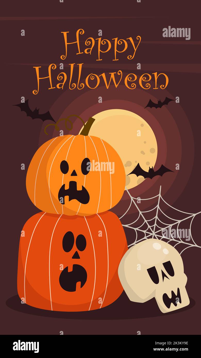 Lettering Happy Halloween pumpkin bats cobweb skull against the background of the full moon Stock Vector
