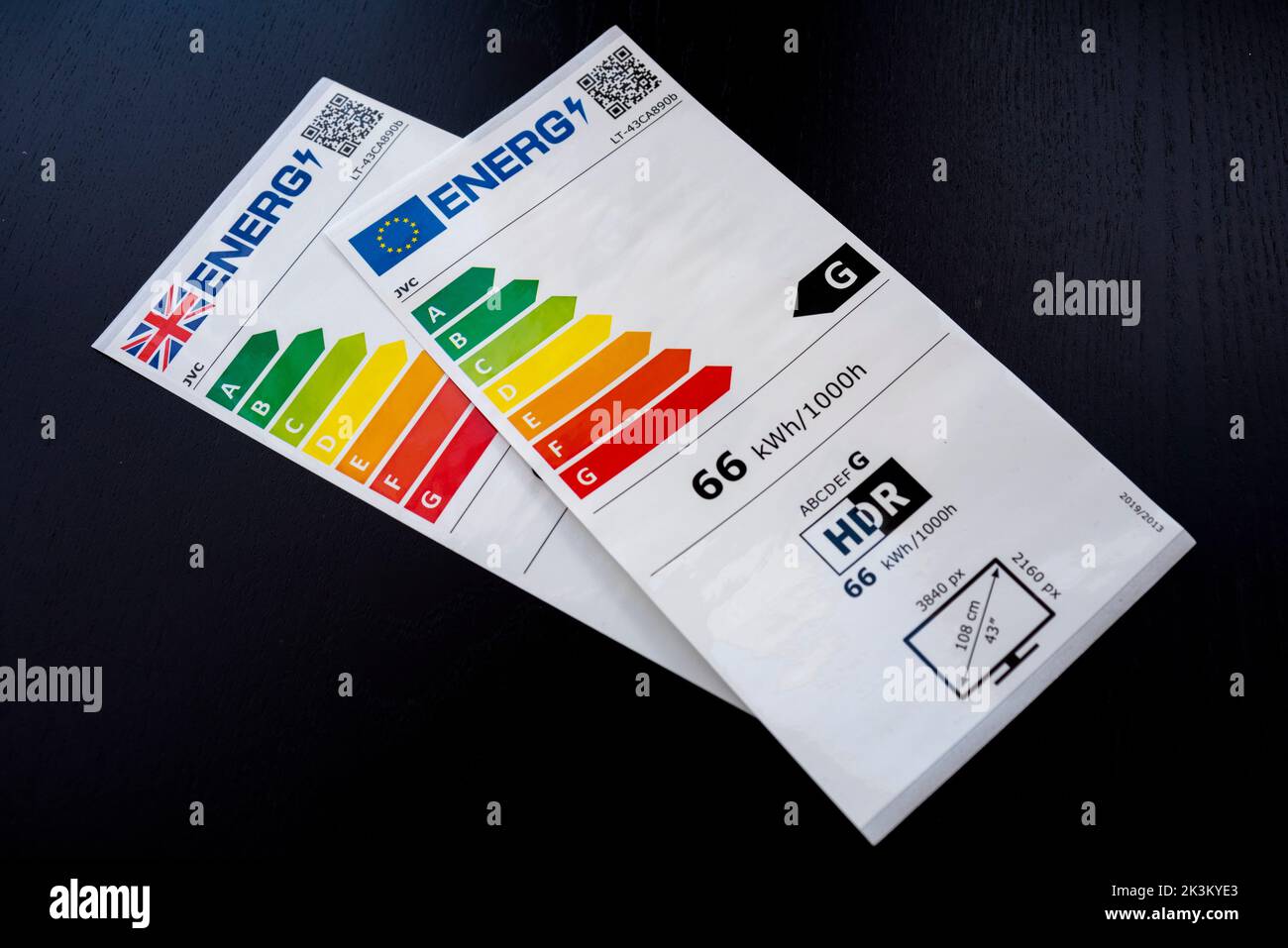 UK and EU product energy efficiency labels after Brexit for a television. Energy Efficiency Index (EEI) standardisation system Stock Photo