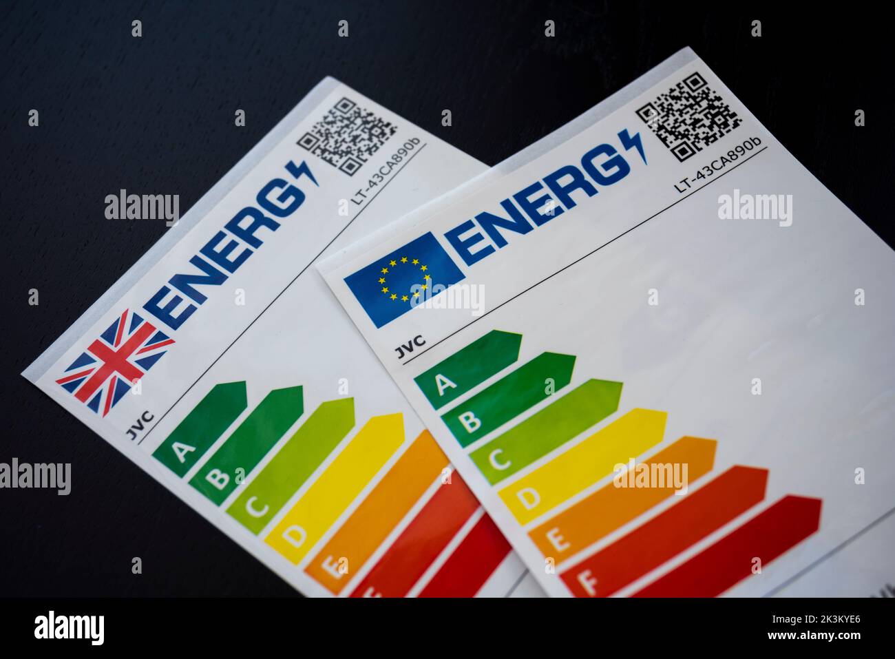 UK and EU product energy efficiency labels after Brexit for a television. Energy Efficiency Index (EEI) standardisation system Stock Photo
