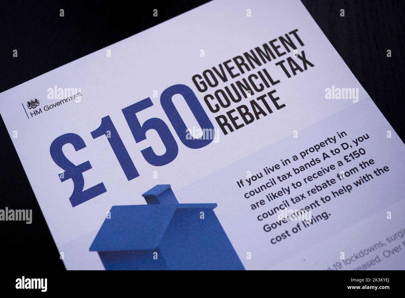 Government Council Tax Rebate leaflet for property in council tax bands A to D. UK HM Government £150 rebate. 2022-23 Council Tax £150 Energy Rebate Stock Photo