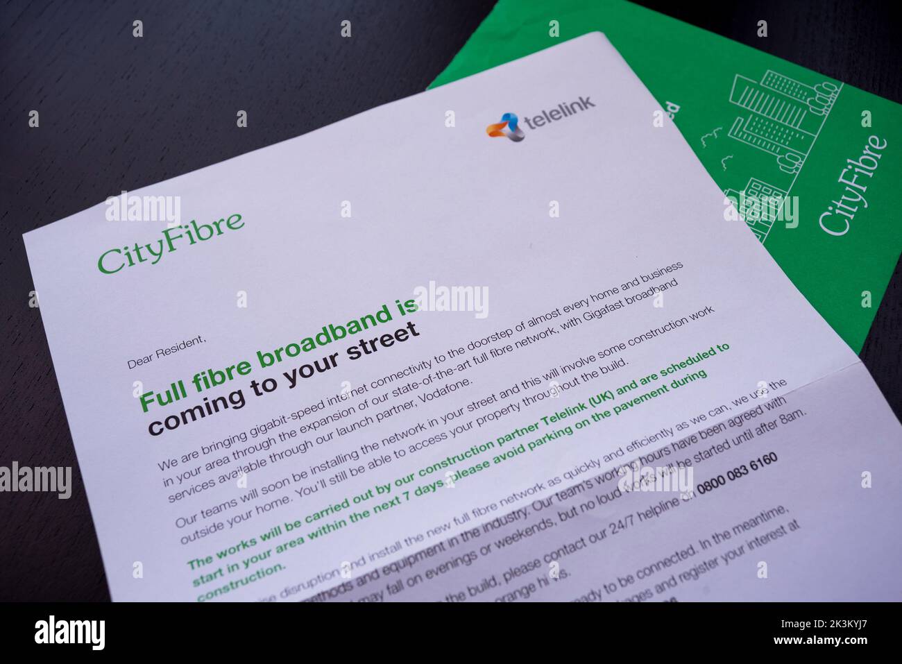 Letter from CityFibre notifying of disruption due to full fibre broadband being installed in the area which will involve road closures and parking res Stock Photo