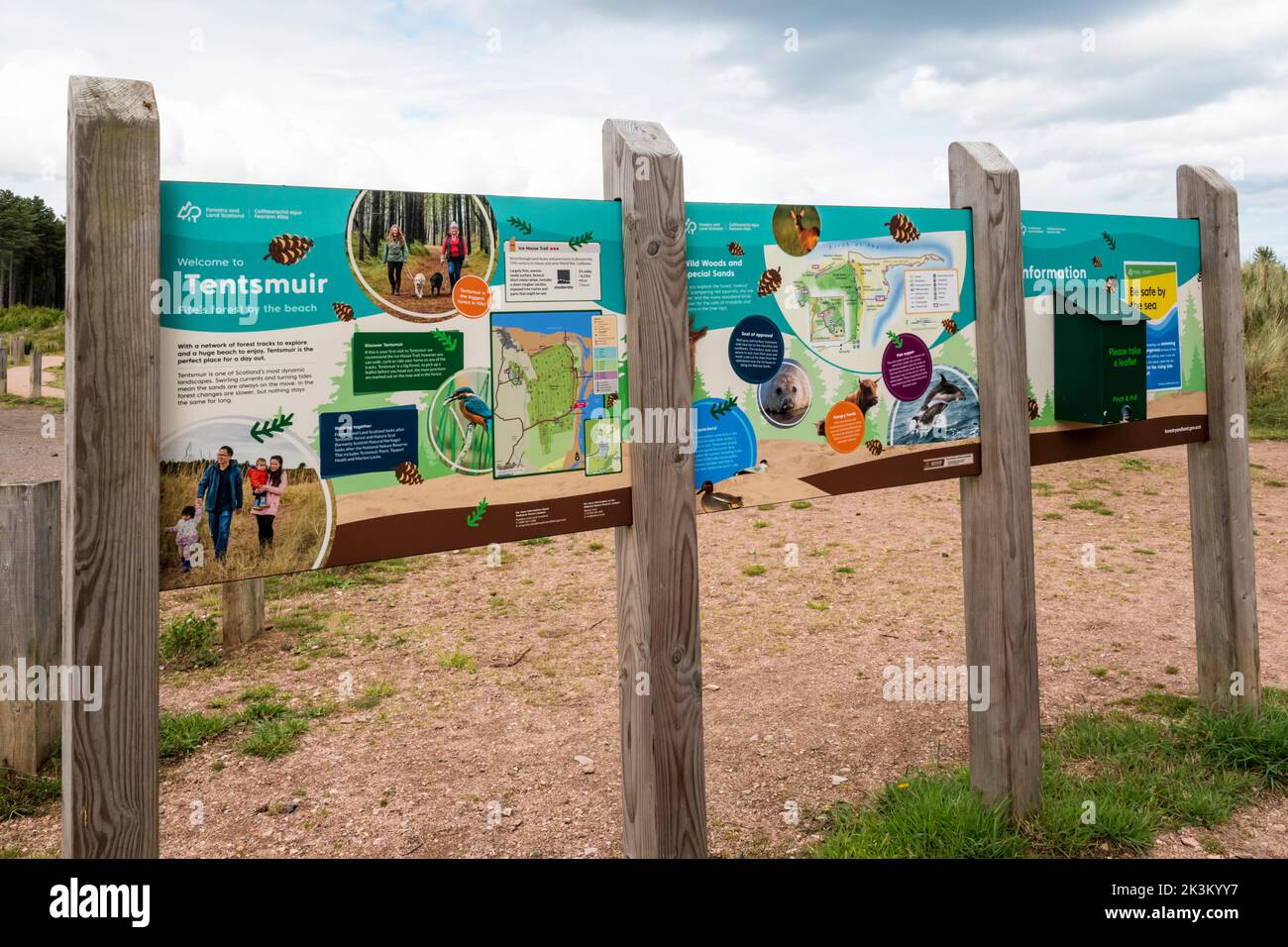 A tourist information sign at Tentsmuir Forest on the coast of Fife, Scotland. Stock Photo