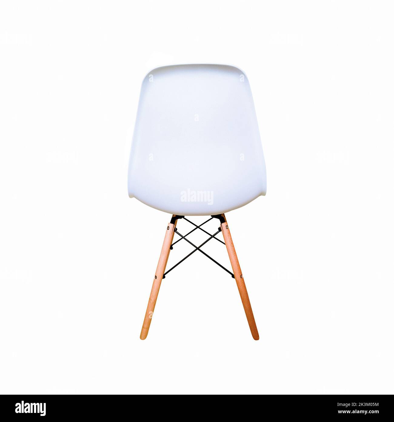 White modern chair with wooden legs isolated on white background. Back view Stock Photo