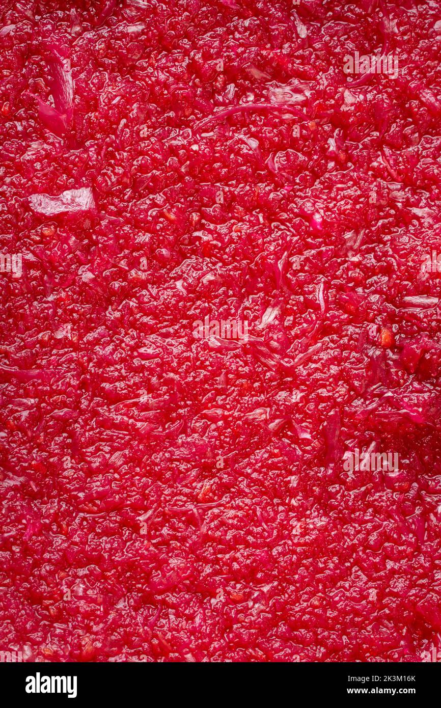 close-up top view of beetroot smoothie, highly nutritious juice in full frame, healthy food background Stock Photo