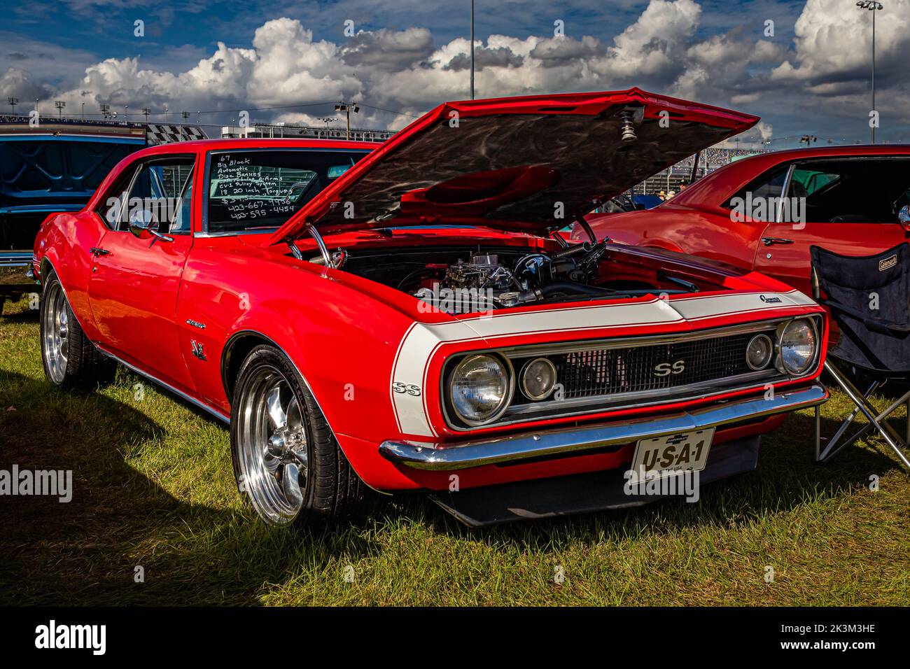Daytona Beach, FL - November 28, 2020: Low perspective front corner view of a 1967 Chevrolet Camaro SS Hardtop Coupe at a local car show. Stock Photo