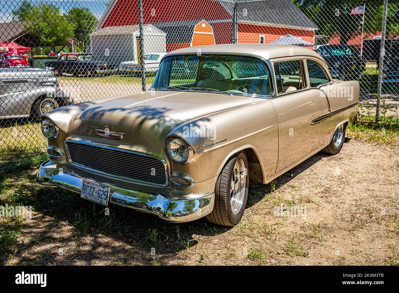 Falcon Heights, MN - June 18, 2022: High perspective front corner view of a 1955 Chevrolet 210 2 Door Sedan at a local car show. Stock Photo