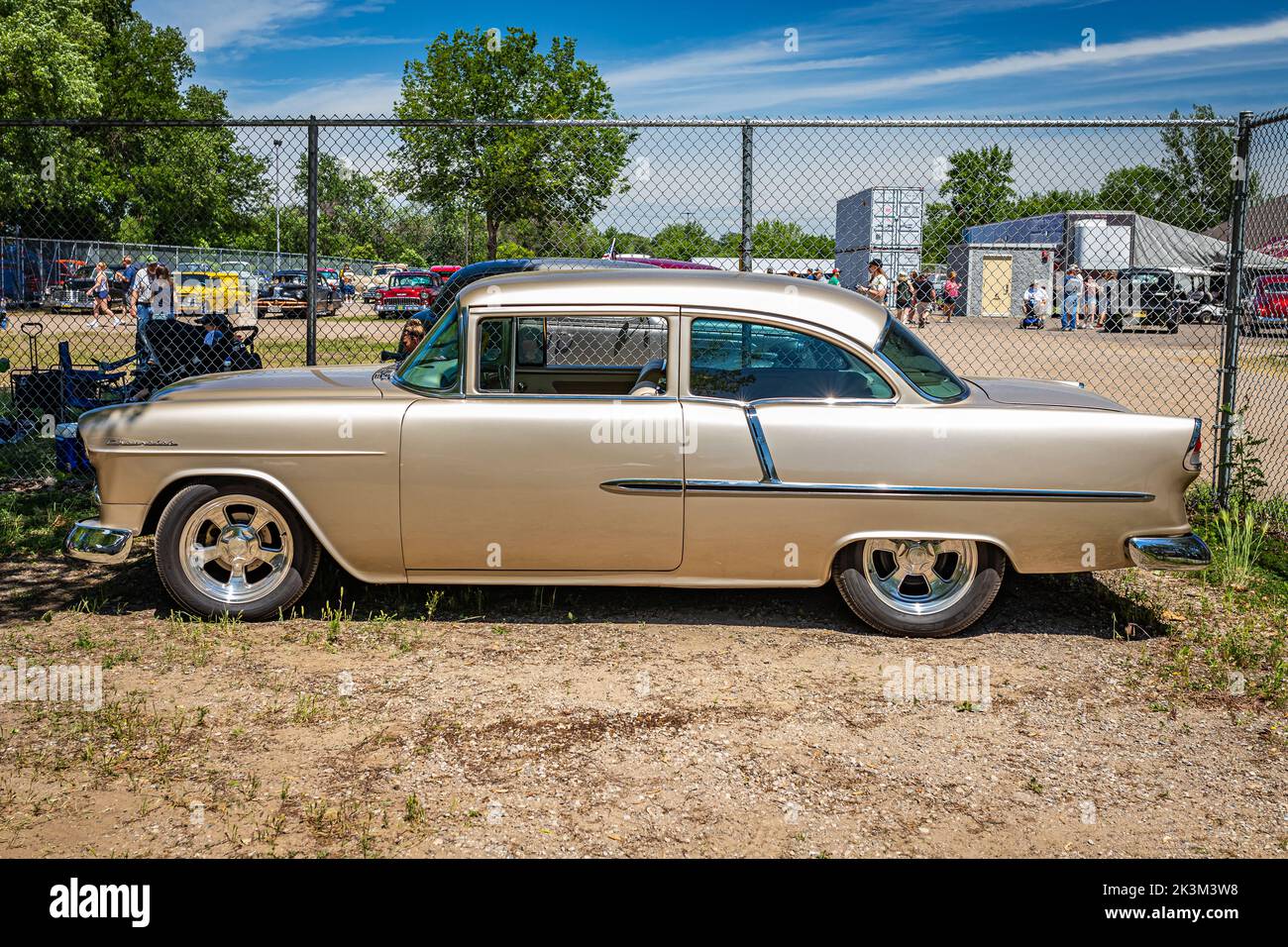 Falcon Heights, MN - June 18, 2022: High perspective side view of a 1955 Chevrolet 210 2 Door Sedan at a local car show. Stock Photo