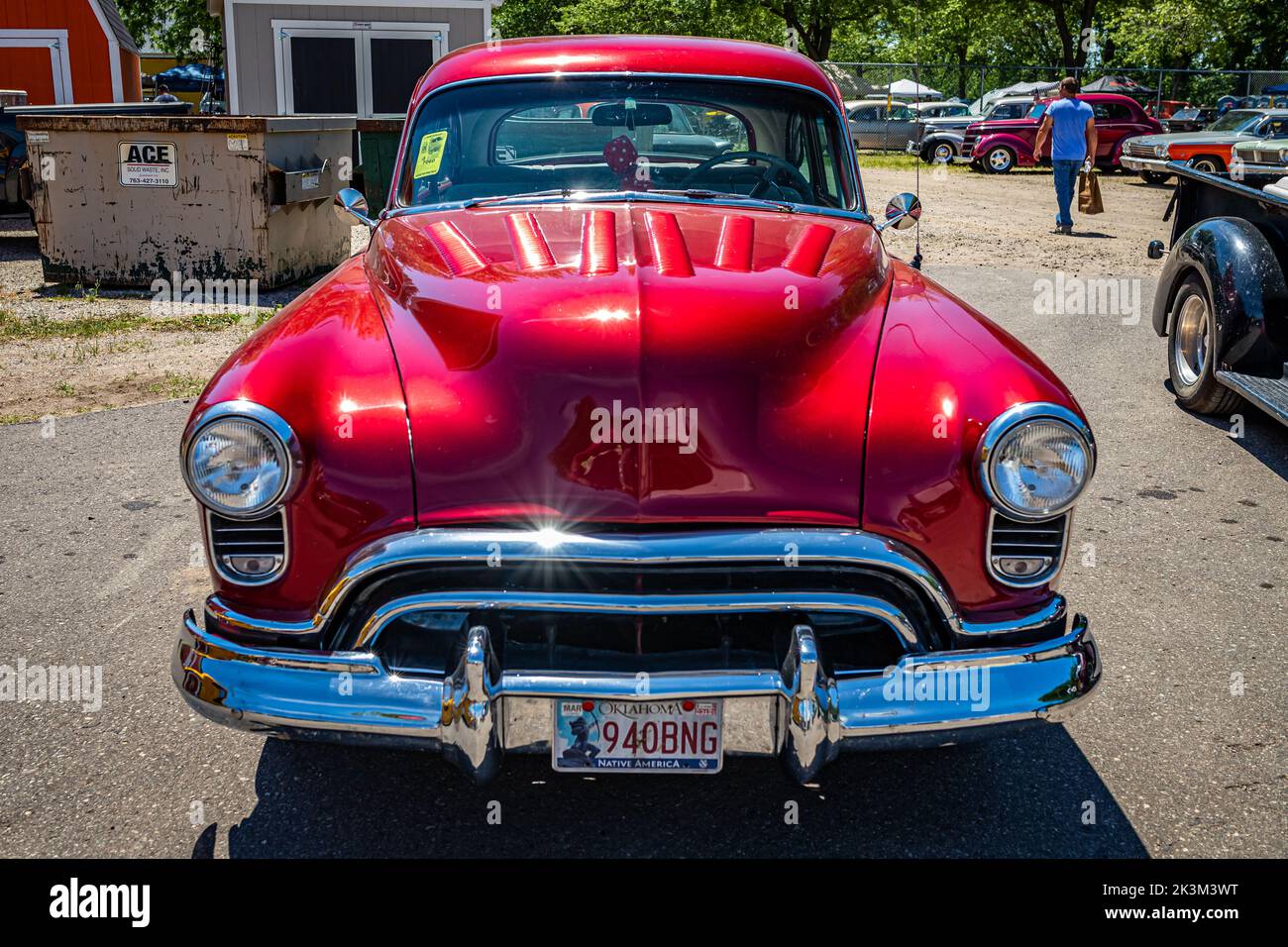 Falcon Heights, MN - June 18, 2022: High perspective front view of a 1949 Oldsmobile Rocket 88 Coupe at a local car show. Stock Photo