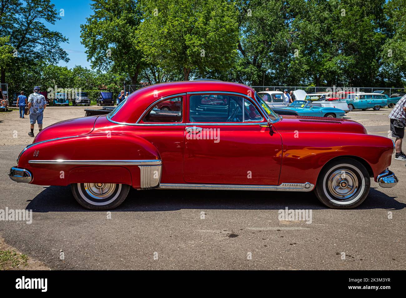 Falcon Heights, MN - June 18, 2022: High perspective side view of a 1949 Oldsmobile Rocket 88 Coupe at a local car show. Stock Photo