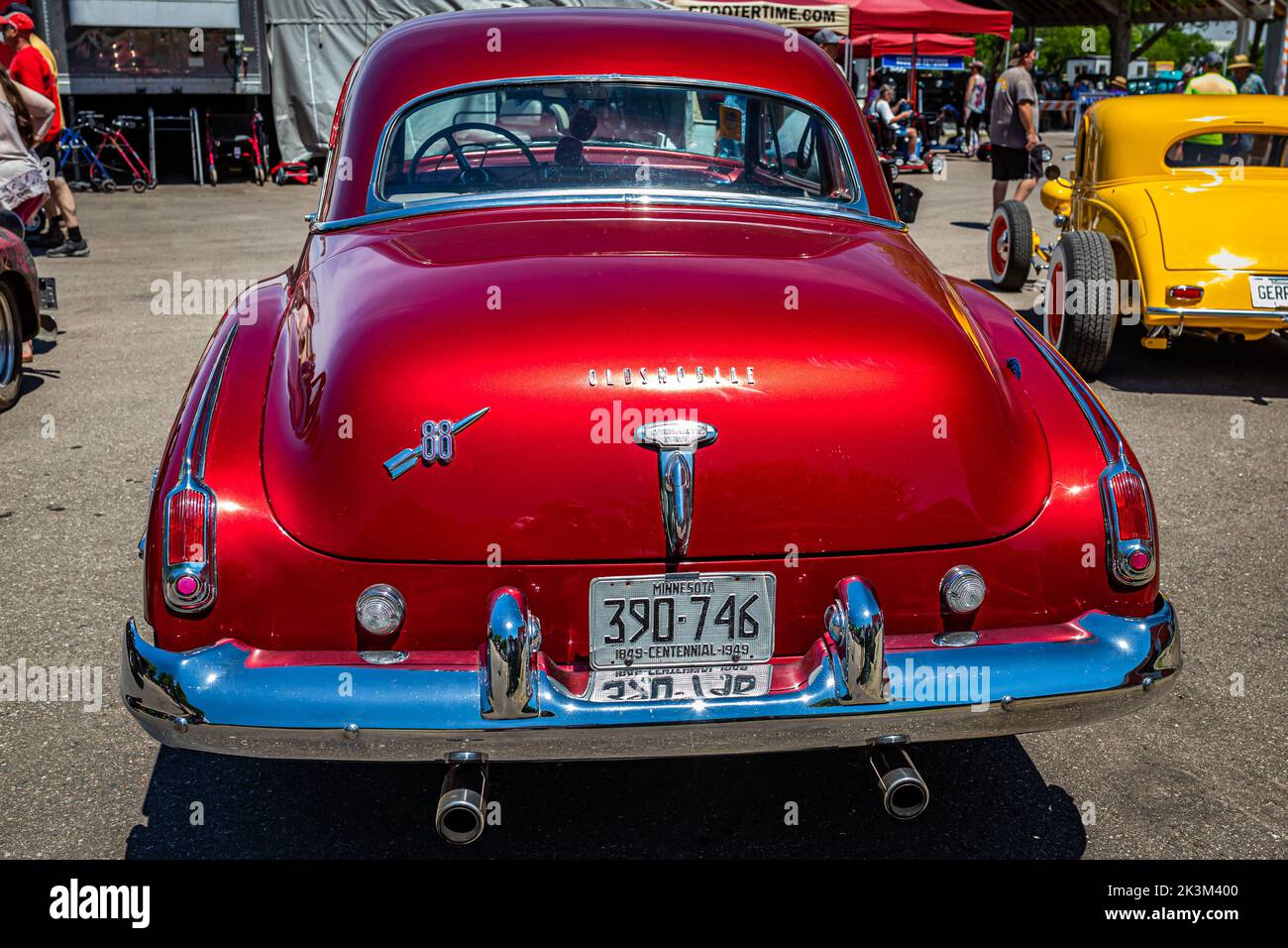 Falcon Heights, MN - June 18, 2022: High perspective rear view of a 1949 Oldsmobile Rocket 88 Coupe at a local car show. Stock Photo