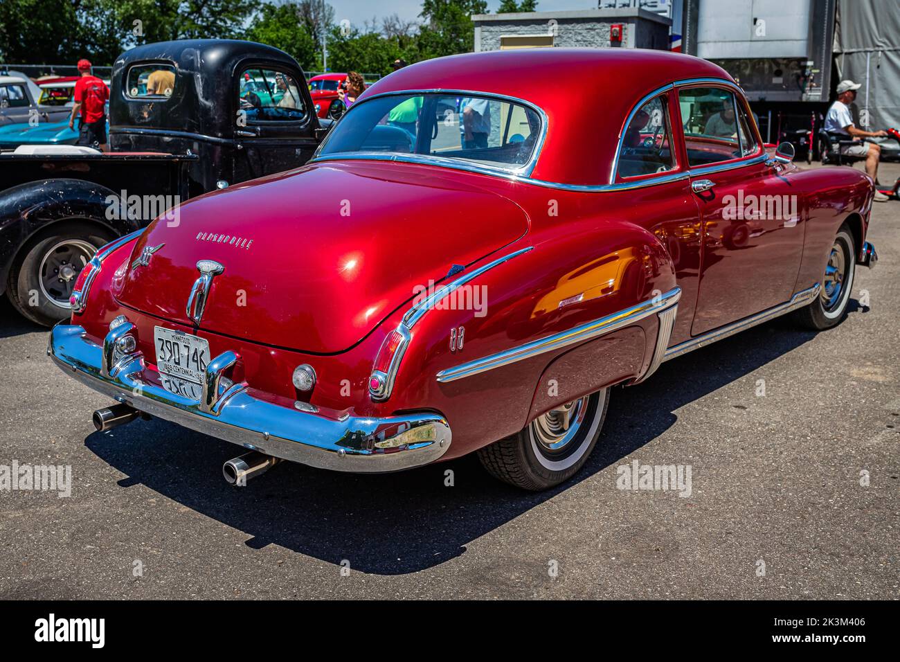 Falcon Heights, MN - June 18, 2022: High perspective rear corner view of a 1949 Oldsmobile Rocket 88 Coupe at a local car show. Stock Photo
