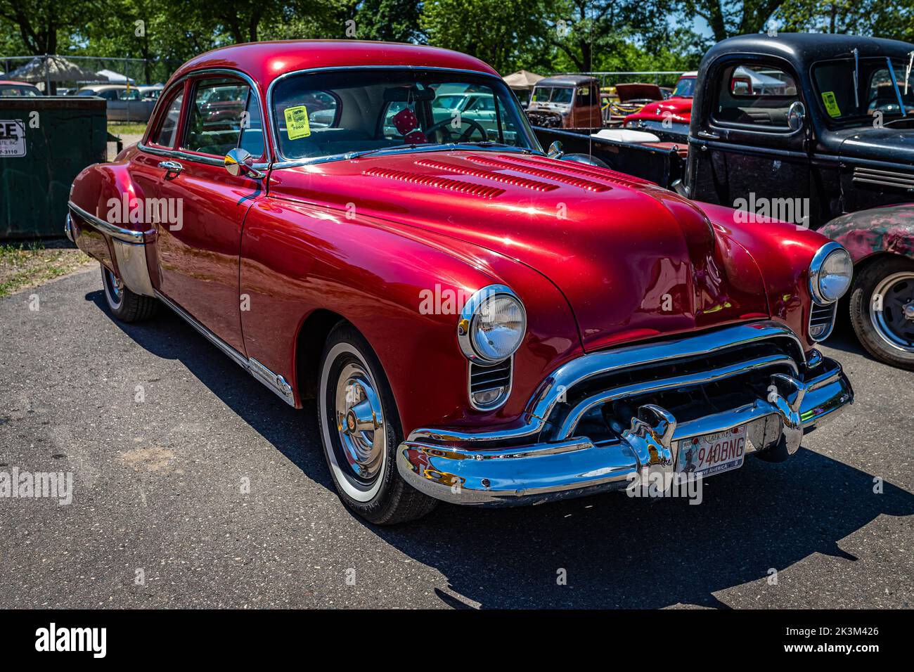 Falcon Heights, MN - June 18, 2022: High perspective front corner view of a 1949 Oldsmobile Rocket 88 Coupe at a local car show. Stock Photo