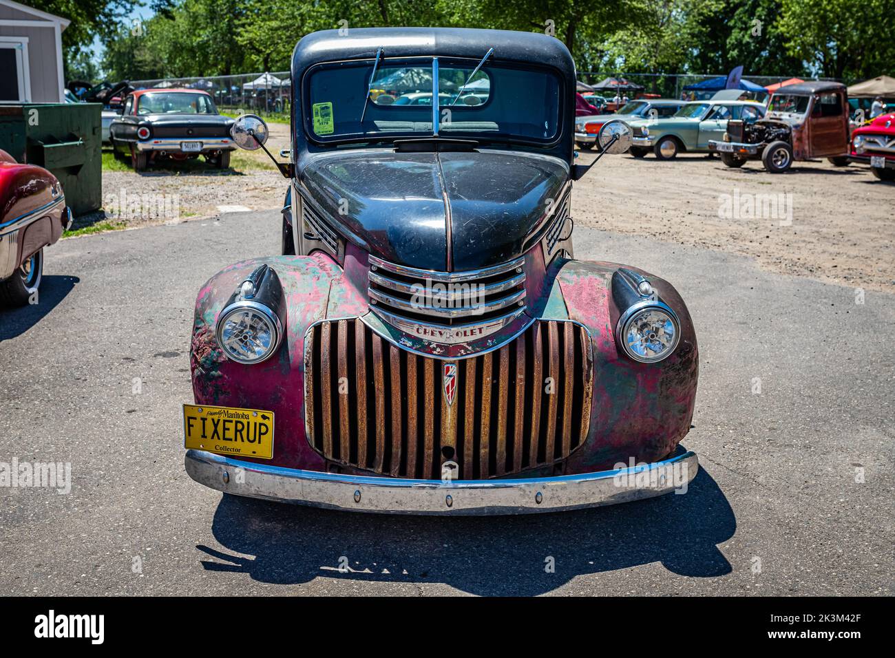 Falcon Heights, MN - June 18, 2022: High perspective front view of a 1946 Chevrolet AK Series Pickup Truck at a local car show. Stock Photo